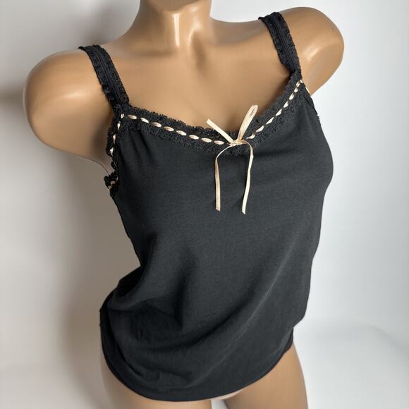 Y2K Black Lace Ribbon Bow Cami Top S M Coquette Milkmaid Balletcore Romantic - Picture 1 of 11